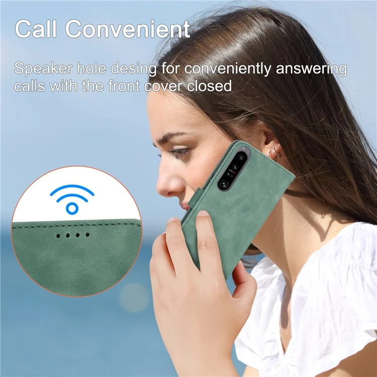 DIERFENG DF-03 For Sony Xperia 1 V Shockproof Case Lines Imprinted Phone Case Leather Flip Cover with Stand - Green
