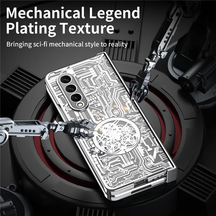 Folding Phone Case for Samsung Galaxy Z Fold3 5G Mechanical Legend Series Electroplating PC Shell with Tempered Glass Film - Silver