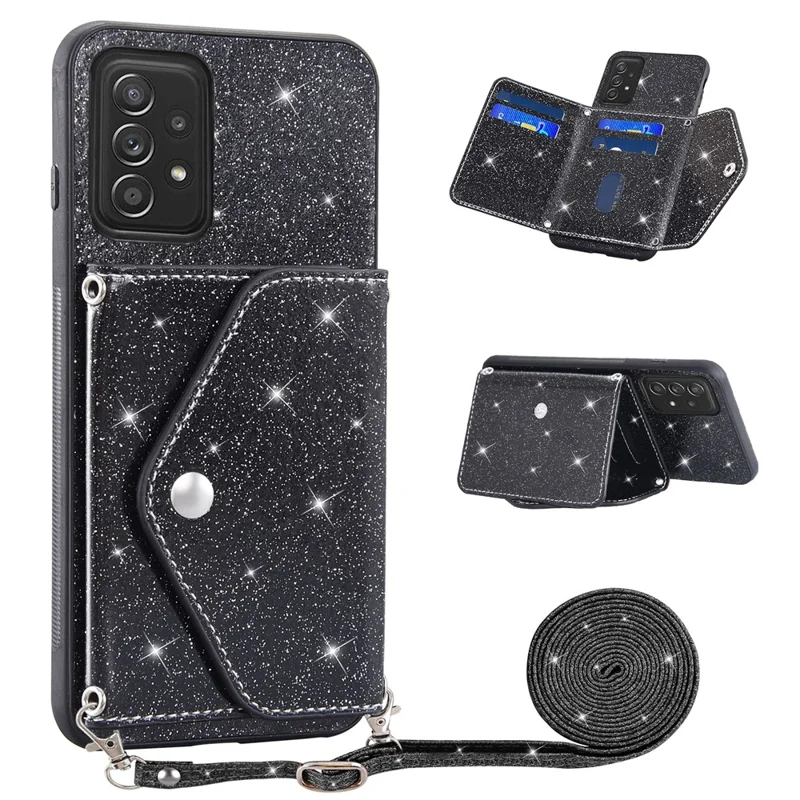 Card Holder Phone Case for Samsung Galaxy A32 5G / M32 5G Triangle Kickstand PU Leather+TPU Smartphone Cover - Black