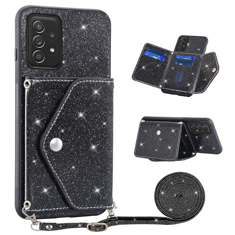 For Samsung Galaxy A52 4G / 5G / A52s 5G Card Holder Kickstand Phone Cover Glitter Leather Coated TPU Case - Black
