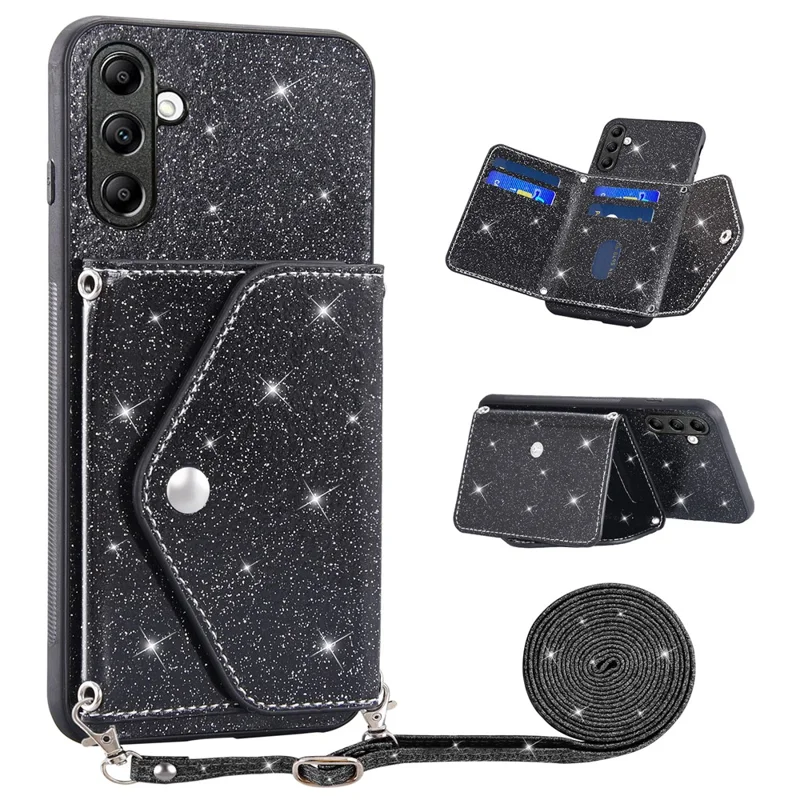 Para Samsung Galaxy A54 5G Porta-Cartões Glitter Phone Kickstand Case PU Leather Coated TPU Cover - Preto