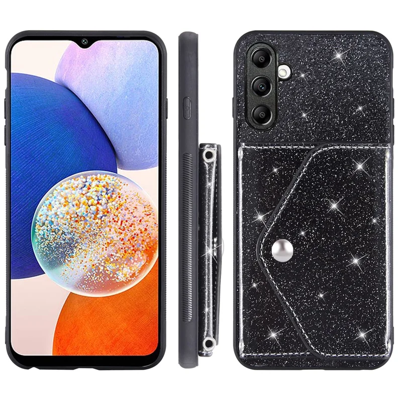 Para Samsung Galaxy A54 5G Porta-Cartões Glitter Phone Kickstand Case PU Leather Coated TPU Cover - Preto