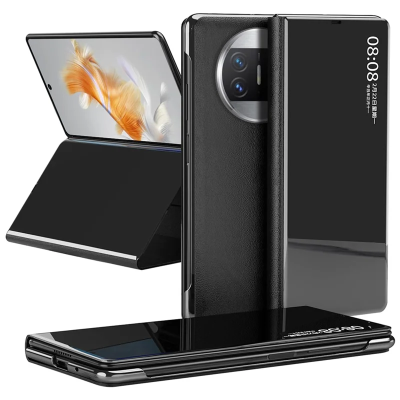 For Huawei Mate X3 5G Electroplating Mirror Surface Phone Case View Window Leather Phone Cover - Black