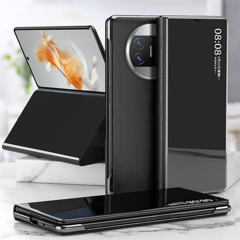 For Huawei Mate X3 5G Electroplating Mirror Surface Phone Case View Window Leather Phone Cover - Black