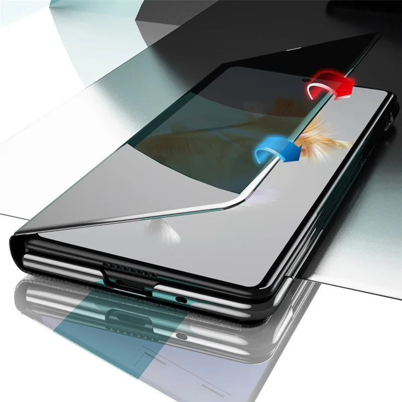 For Huawei Mate X3 5G Electroplating Mirror Surface Phone Case View Window Leather Phone Cover - Black