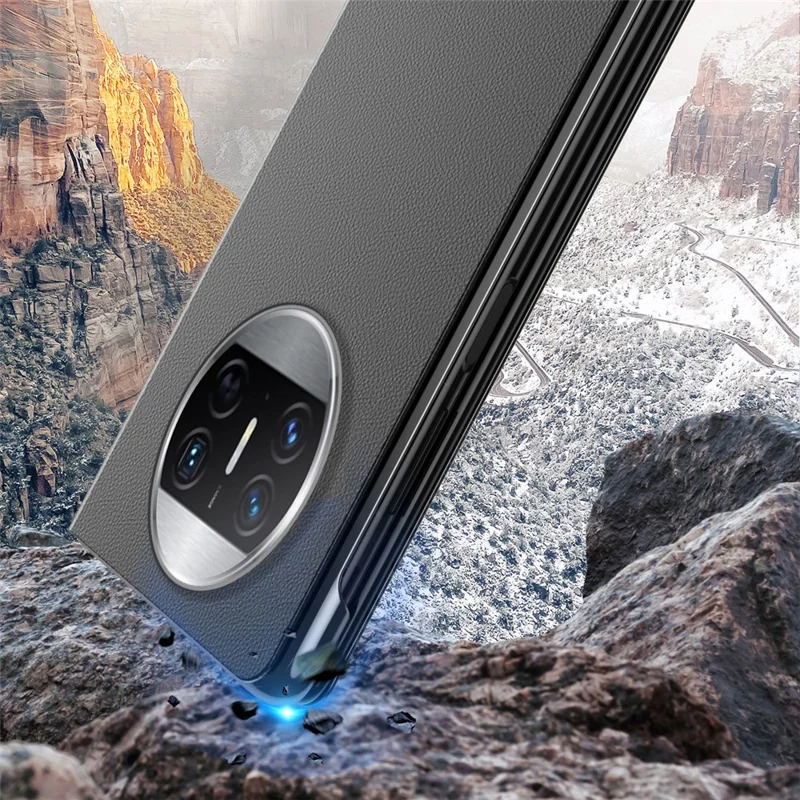 For Huawei Mate X3 5G Electroplating Mirror Surface Phone Case View Window Leather Phone Cover - Black