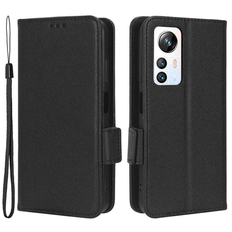 For Blackview A85 Wallet Phone Case PU Leather Litchi Texture Stand Cover with Strap - Black