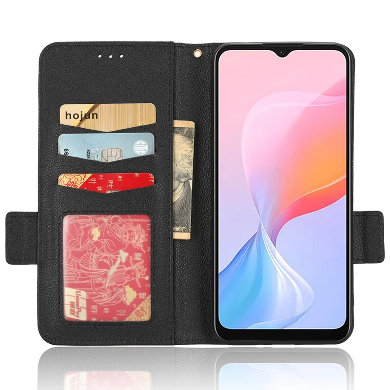 For Blackview A85 Wallet Phone Case PU Leather Litchi Texture Stand Cover with Strap - Black