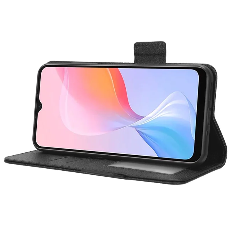 For Blackview A85 Wallet Phone Case PU Leather Litchi Texture Stand Cover with Strap - Black