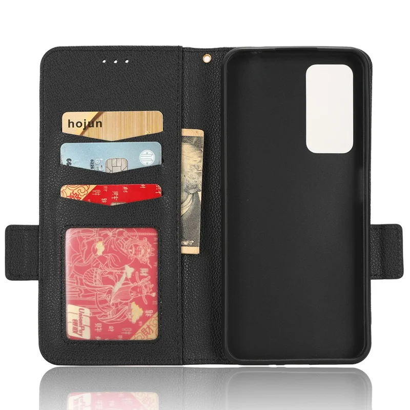 For Blackview A85 Wallet Phone Case PU Leather Litchi Texture Stand Cover with Strap - Black