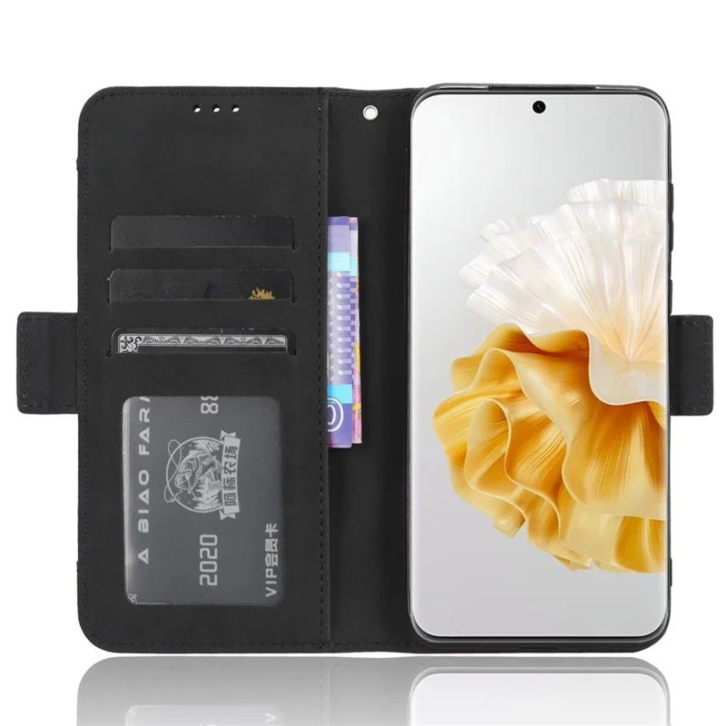 غطاء هاتف جلد بفتحات متعددة للبطاقات لهاتف Huawei P60 Pro / P60، غطاء واقي محفظة لهاتف محمول - أسود