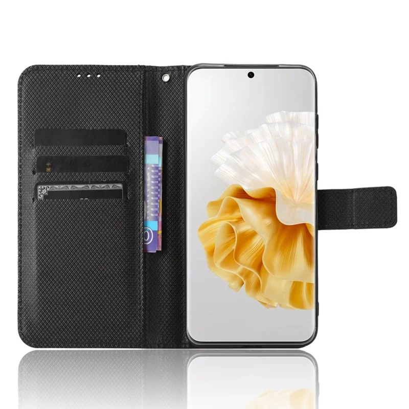 Для Huawei P60 Pro / P60 Flip PU кожаный защитный чехол с алмазной текстурой, бумажник с защитой от царапин, чехол для телефона - черный
