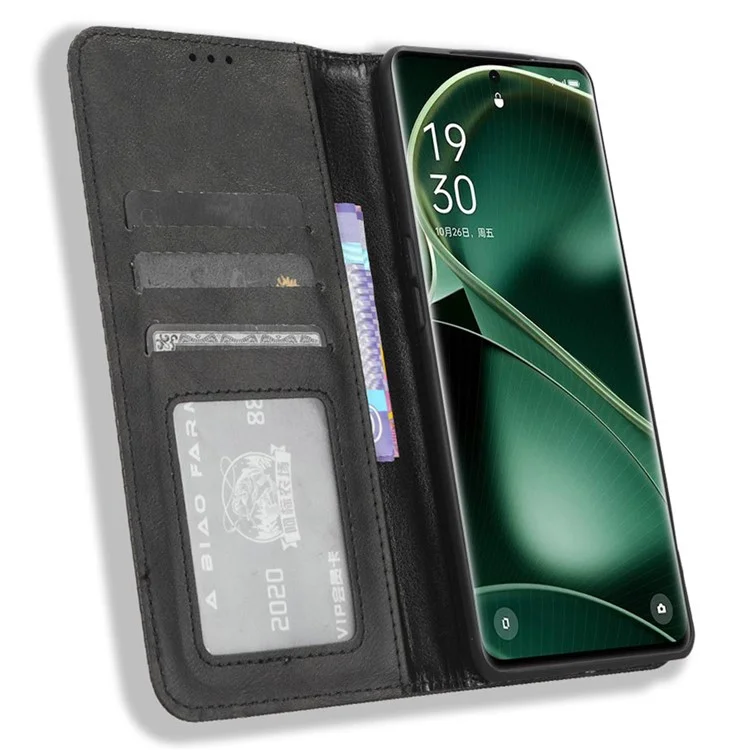 Для Oppo Find X6 Retro Чехол для телефона Магнитный Чехол из искусственной кожи со стендом для сотовых телефонов - Черный