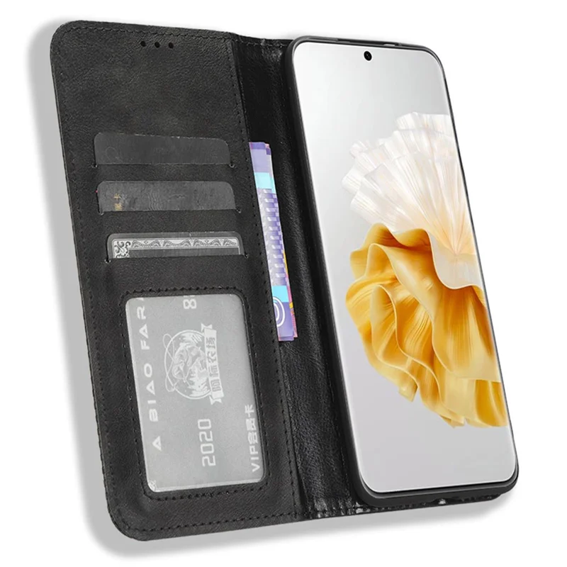 Étui de téléphone debout magnétique rétro en cuir PU pour Huawei P60 / P60 Pro - Noir
