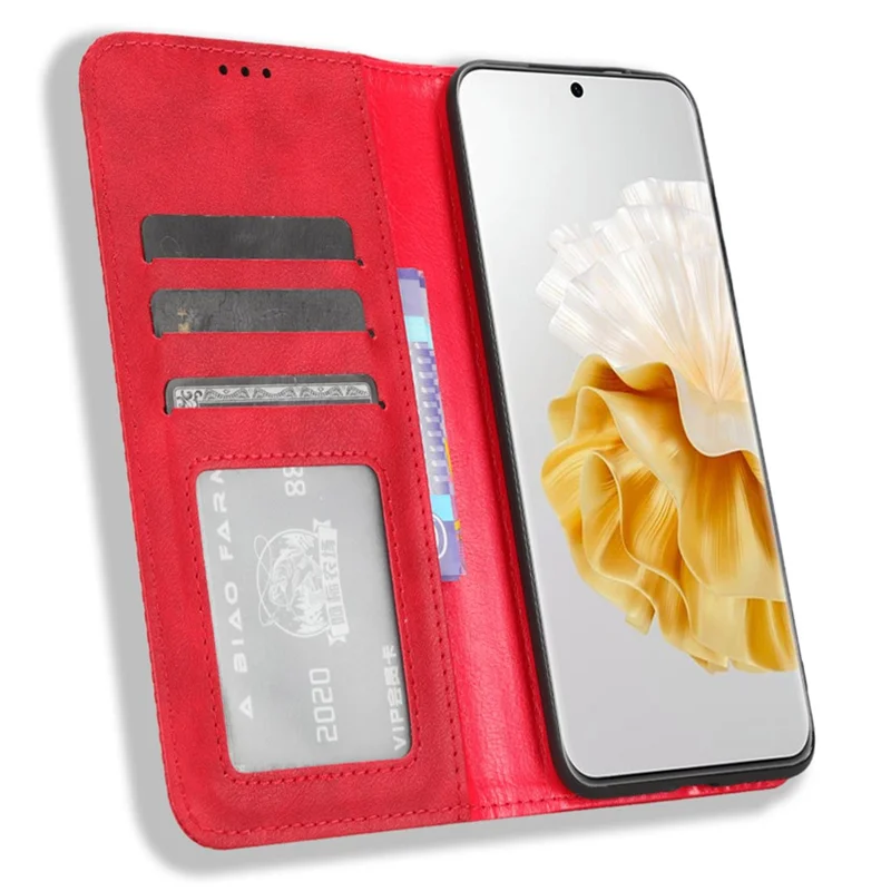 Phone Stand Cover for Huawei P60 / P60 Pro Magnetic Retro PU Leather Cell Phone Wallet Case - Red