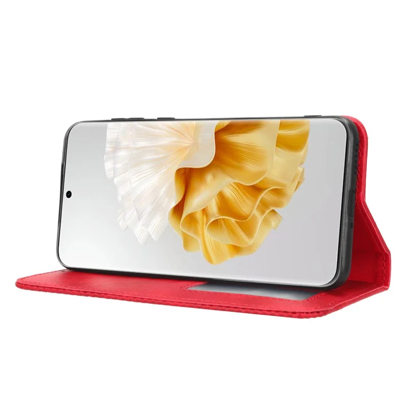 Phone Stand Cover for Huawei P60 / P60 Pro Magnetic Retro PU Leather Cell Phone Wallet Case - Red
