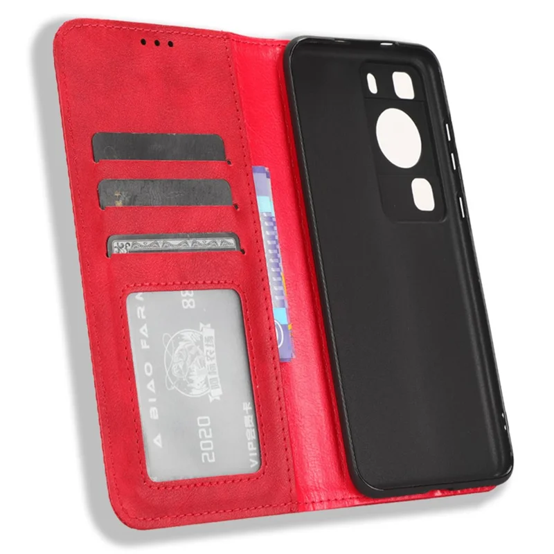 Phone Stand Cover for Huawei P60 / P60 Pro Magnetic Retro PU Leather Cell Phone Wallet Case - Red
