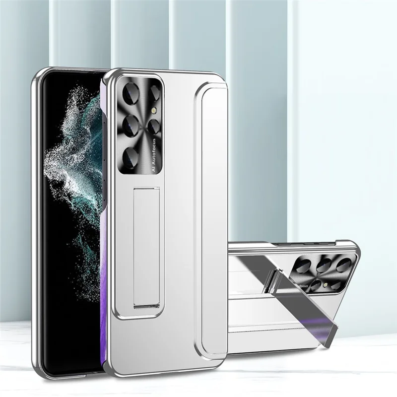 For Samsung Galaxy S22 Ultra 5G Anti-Scratch Hard PC Phone Case Electroplating Design Kickstand Protective Cover - Silver