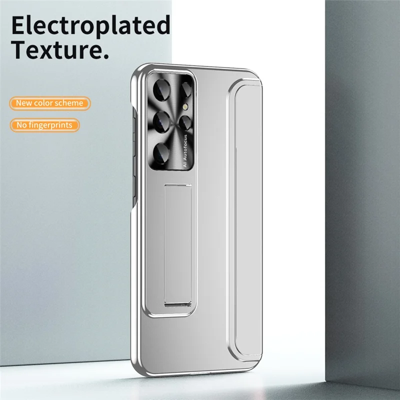 For Samsung Galaxy S22 Ultra 5G Anti-Scratch Hard PC Phone Case Electroplating Design Kickstand Protective Cover - Silver