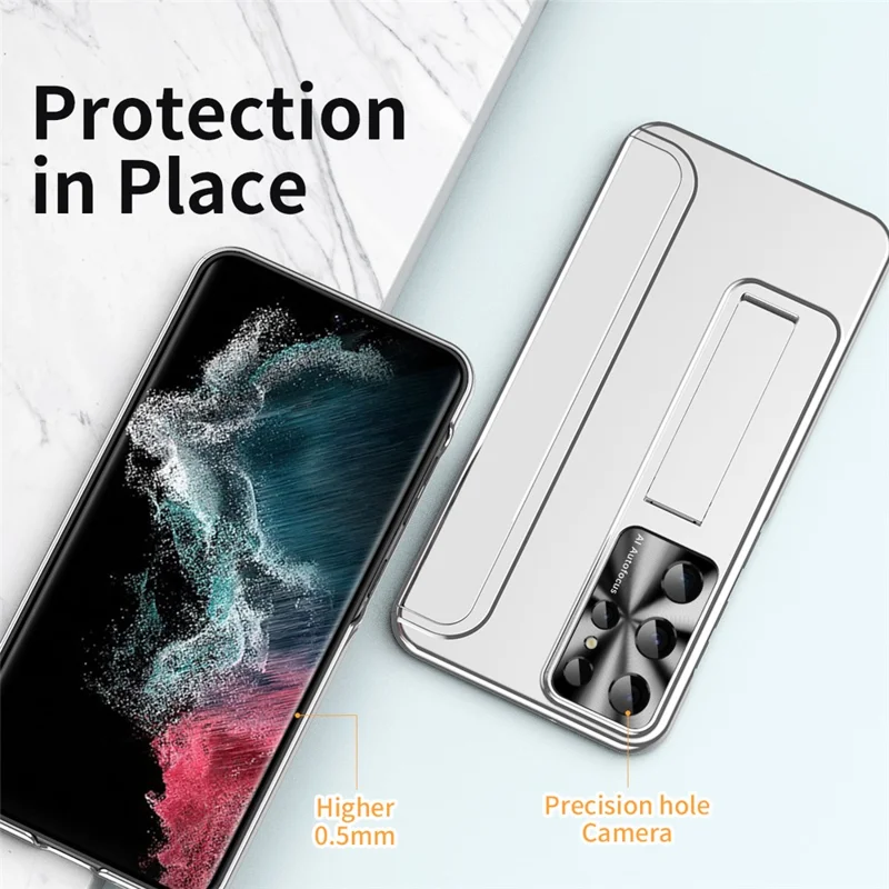 For Samsung Galaxy S22 Ultra 5G Anti-Scratch Hard PC Phone Case Electroplating Design Kickstand Protective Cover - Silver