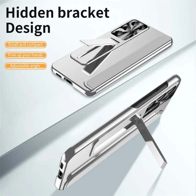 For Samsung Galaxy S22 Ultra 5G Anti-Scratch Hard PC Phone Case Electroplating Design Kickstand Protective Cover - Silver