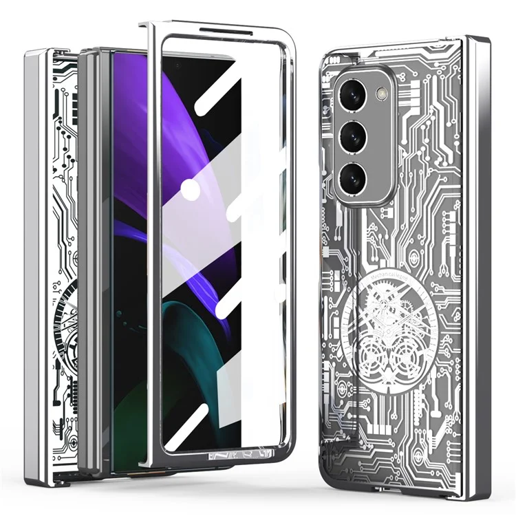 For Samsung Galaxy Z Fold2 5G Mechanical Legend Series Hinge Protection Phone Case Hard PC Electroplating Cover with Tempered Glass Film - Silver