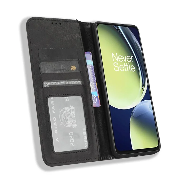 For OnePlus Nord CE 3 Lite 5G / Nord N30 5G Wallet Phone Case Retro PU Leather Mobile Phone Stand Cover - Black