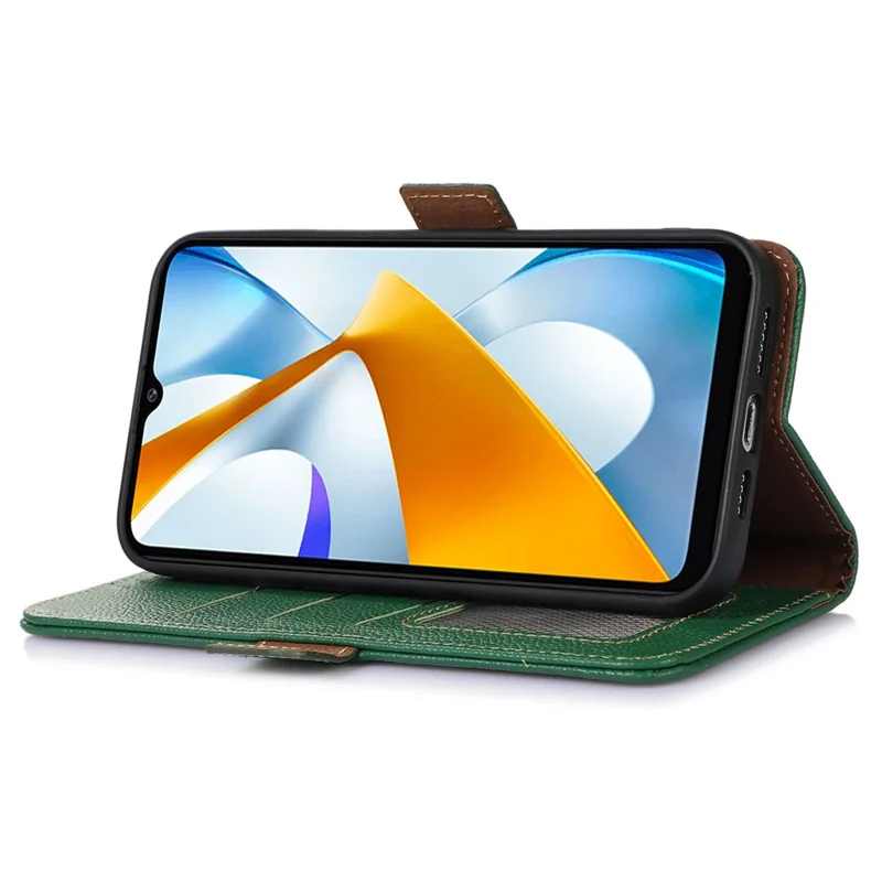 Pour Xiaomi Redmi Note 12 Turbo / Poco F5 5G Portefeuille de protection RFID en cuir véritable de vache anti-chute avec support - Vert