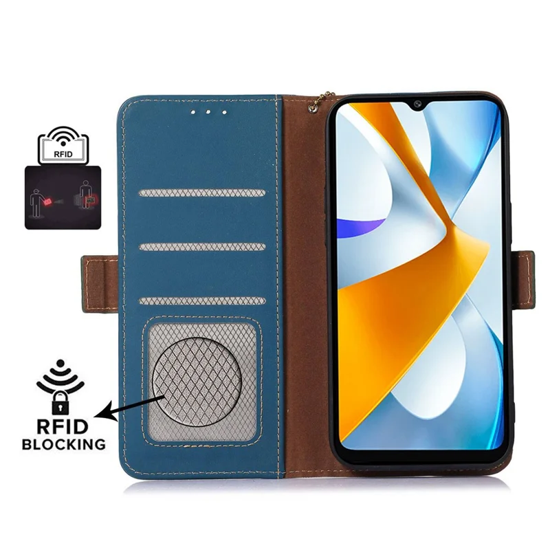 For Xiaomi Redmi Note 12 Turbo / Poco F5 5G RFID Blocking Phone Case Genuine Cow Leather Stand Wallet Protective Cover - Blue
