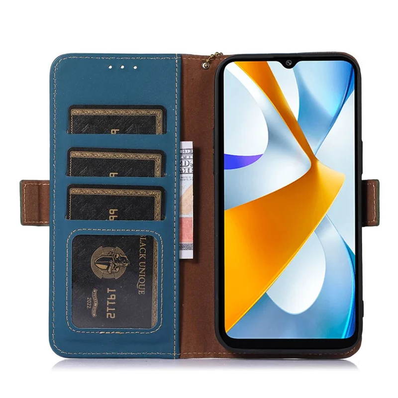 For Xiaomi Redmi Note 12 Turbo / Poco F5 5G RFID Blocking Phone Case Genuine Cow Leather Stand Wallet Protective Cover - Blue