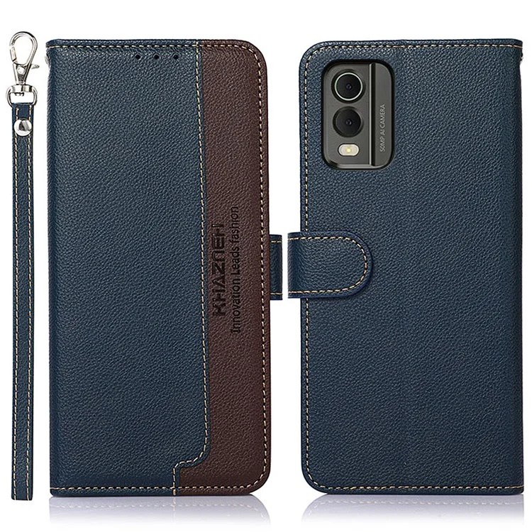 KHAZNEH Para Nokia C32 Litchi Texture RFID Blocking Phone Case Leather Wallet Stand Anti-drop Cover - Azul