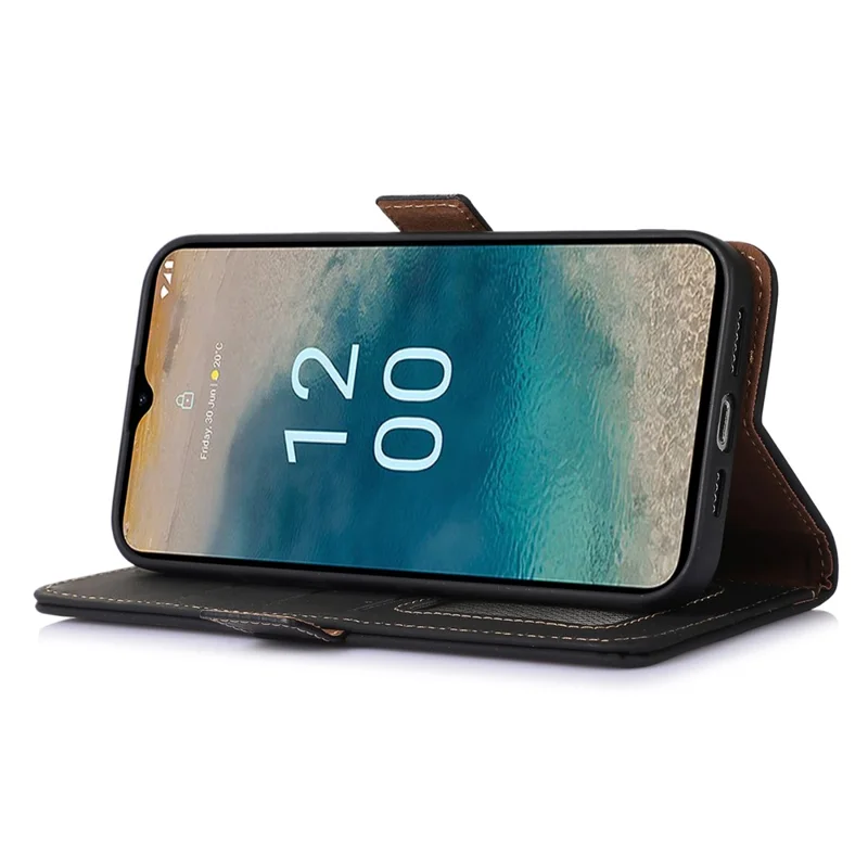Für Nokia C32 Stand Wallet RFID Blocking Phone Case Genuine Cow Leather Smartphone Cover - Schwarz