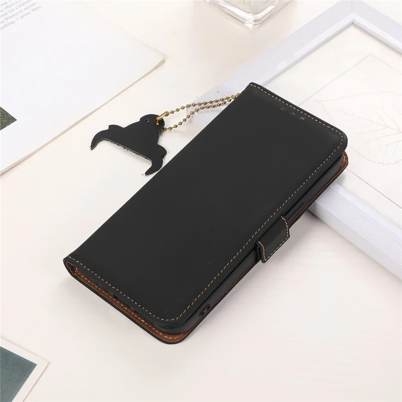 Für Nokia C32 Stand Wallet RFID Blocking Phone Case Genuine Cow Leather Smartphone Cover - Schwarz