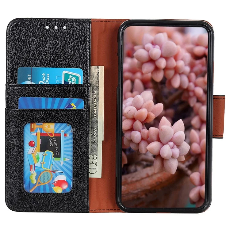 Per Nokia C32 Portafoglio Stand Split Leather Phone Case Nappa Texture Cellphone Protective Cover - Nero