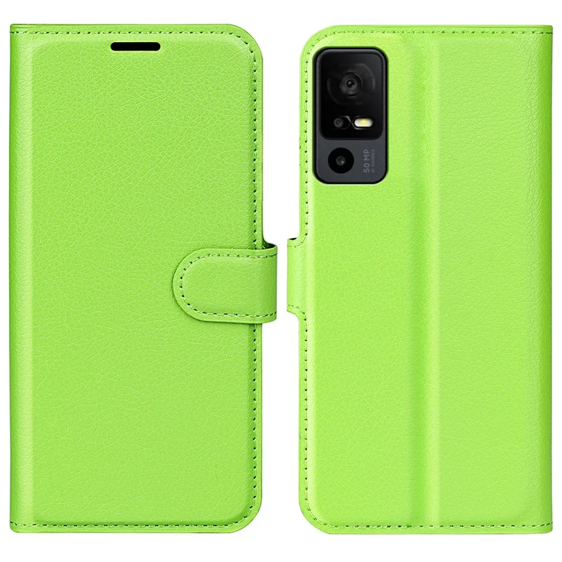 PU Leather Phone Case for TCL 40R 5G , Dustproof Litchi Texture Phone Shell Wallet Stand Flip Cover - Green