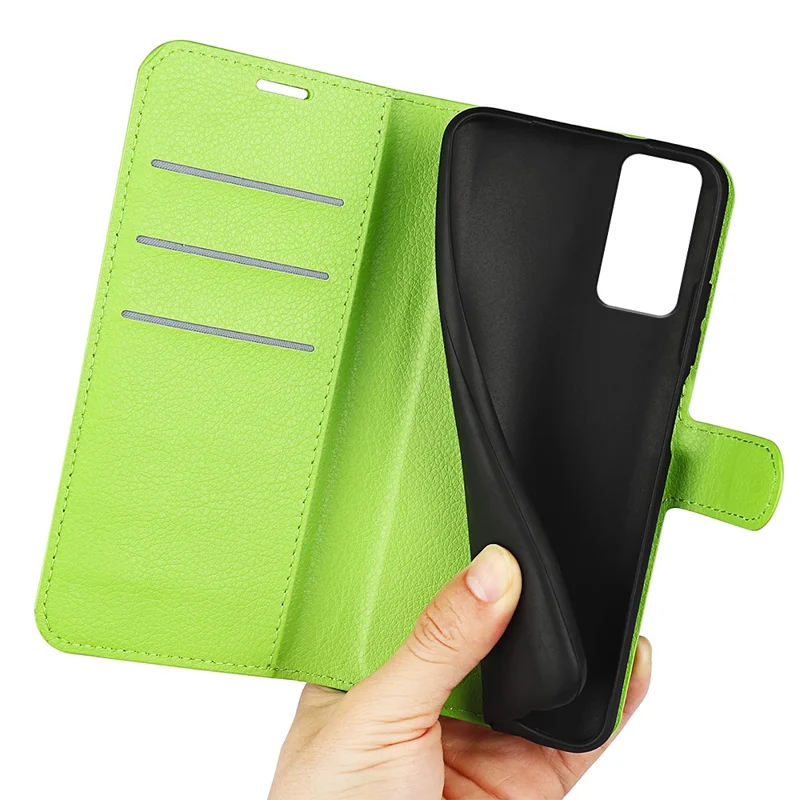 PU Leather Phone Case for TCL 40R 5G , Dustproof Litchi Texture Phone Shell Wallet Stand Flip Cover - Green