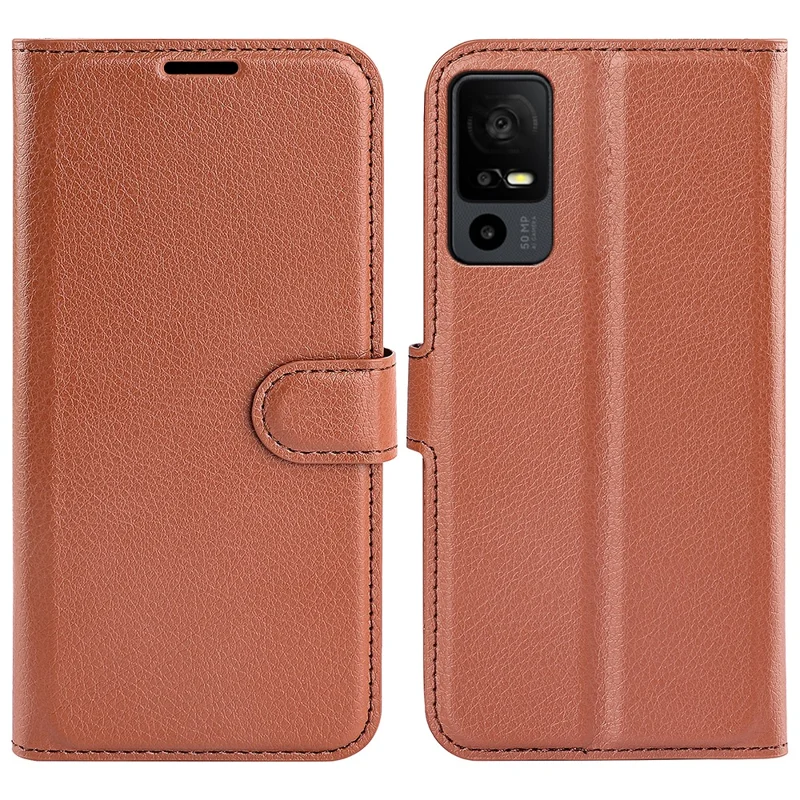 PU Leather Phone Case for TCL 40R 5G , Dustproof Litchi Texture Phone Shell Wallet Stand Flip Cover - Brown