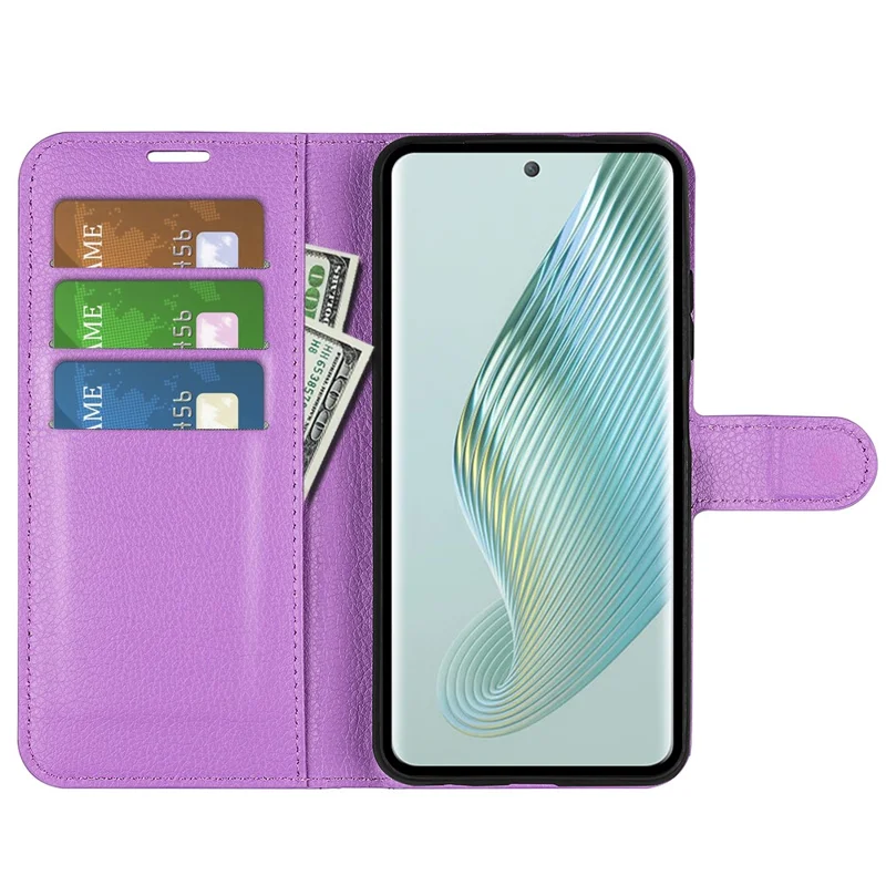 Custodia per telefono in pelle PU per Honor Magic5, texture a litchi, a prova di polvere, guscio per telefono, portafoglio, supporto, cover a ribalta - Viola