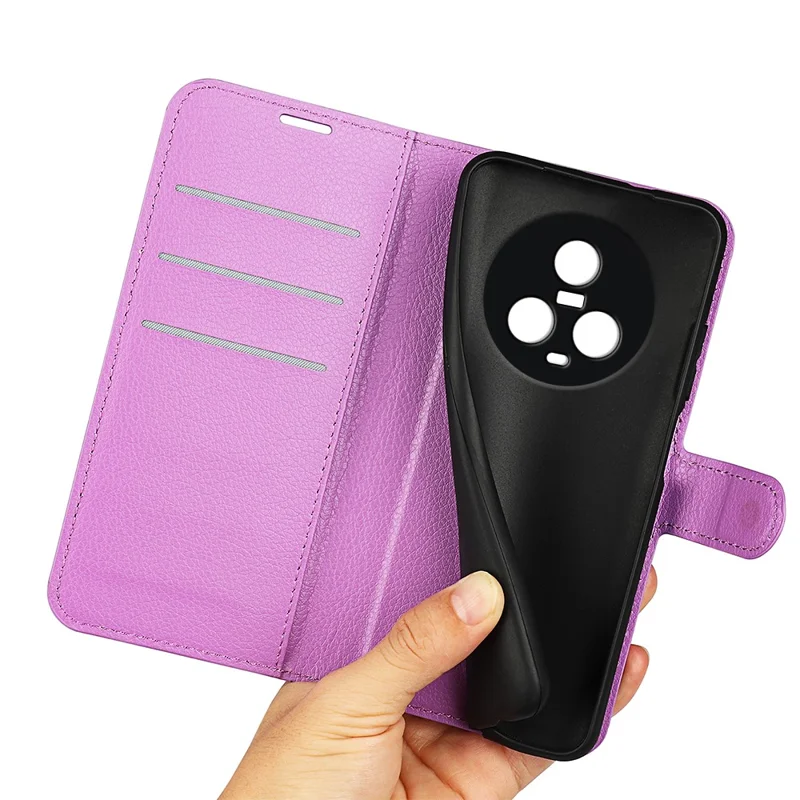 Custodia per telefono in pelle PU per Honor Magic5, texture a litchi, a prova di polvere, guscio per telefono, portafoglio, supporto, cover a ribalta - Viola