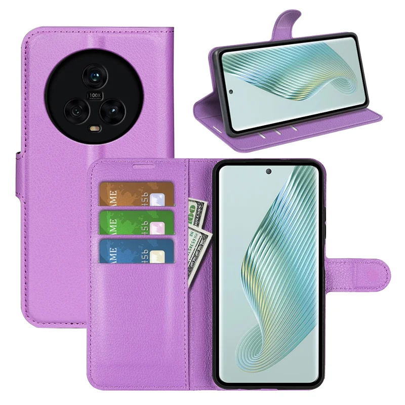 Custodia per telefono in pelle PU per Honor Magic5, texture a litchi, a prova di polvere, guscio per telefono, portafoglio, supporto, cover a ribalta - Viola