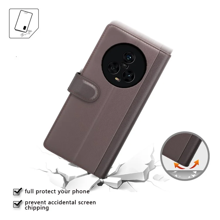 For Honor Magic5 Genuino Cuero de Vaca Flip Cover Funda Protectora Billetera con Soporte - Marrón