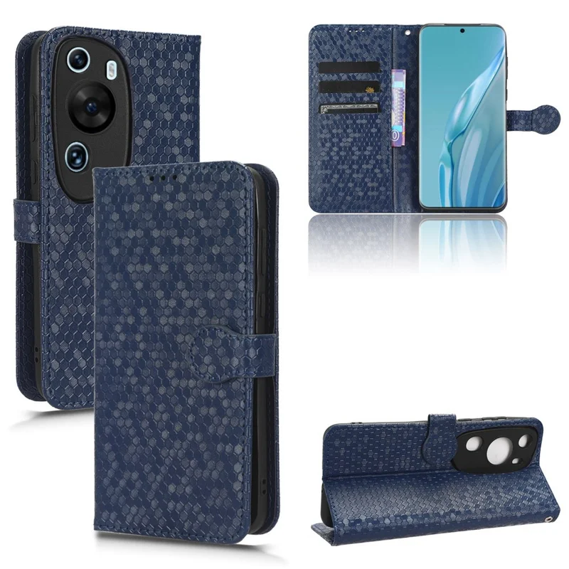 For Huawei P60 Art PU Leather Wallet Phone Case Dot Pattern Imprinted Stand Phone Cover - Dark Blue