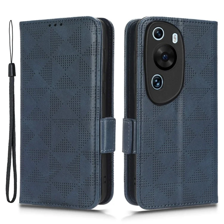 Funda de teléfono móvil de piel de PU+TPU con diseño grabado de triángulo y soporte para Huawei P60 Art - Azul