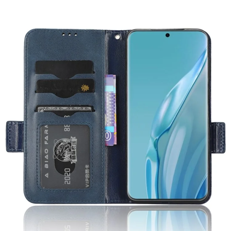 Funda de teléfono móvil de piel de PU+TPU con diseño grabado de triángulo y soporte para Huawei P60 Art - Azul