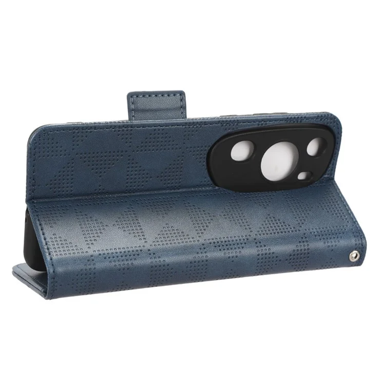 Funda de teléfono móvil de piel de PU+TPU con diseño grabado de triángulo y soporte para Huawei P60 Art - Azul