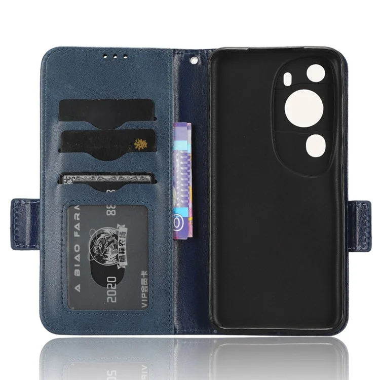 Funda de teléfono móvil de piel de PU+TPU con diseño grabado de triángulo y soporte para Huawei P60 Art - Azul