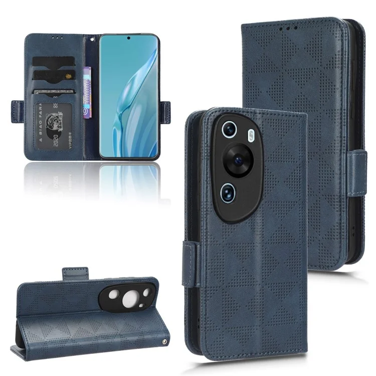 Funda de teléfono móvil de piel de PU+TPU con diseño grabado de triángulo y soporte para Huawei P60 Art - Azul