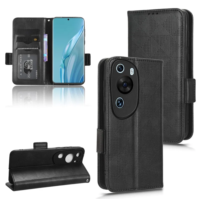 For Huawei P60 Art PU Leather+TPU Mobile Phone Case Imprinted Triangle Stand Wallet Shell - Black