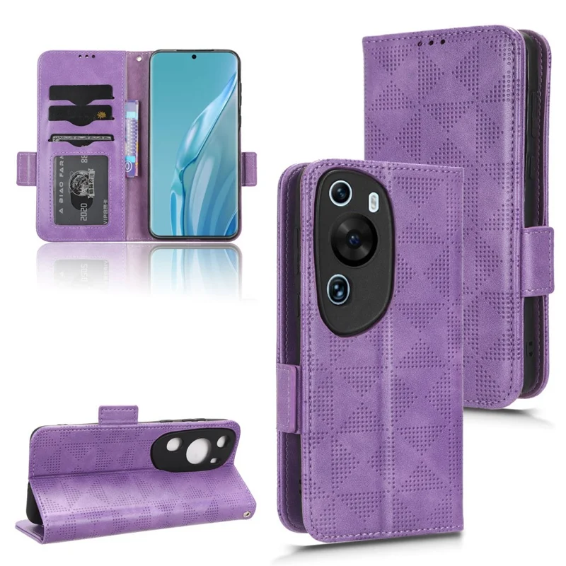 For Huawei P60 Art PU Leather+TPU Mobile Phone Case Imprinted Triangle Stand Wallet Shell - Purple