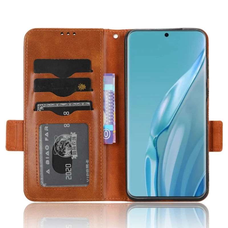For Huawei P60 Art PU Leather+TPU Mobile Phone Case Imprinted Triangle Stand Wallet Shell - Brown